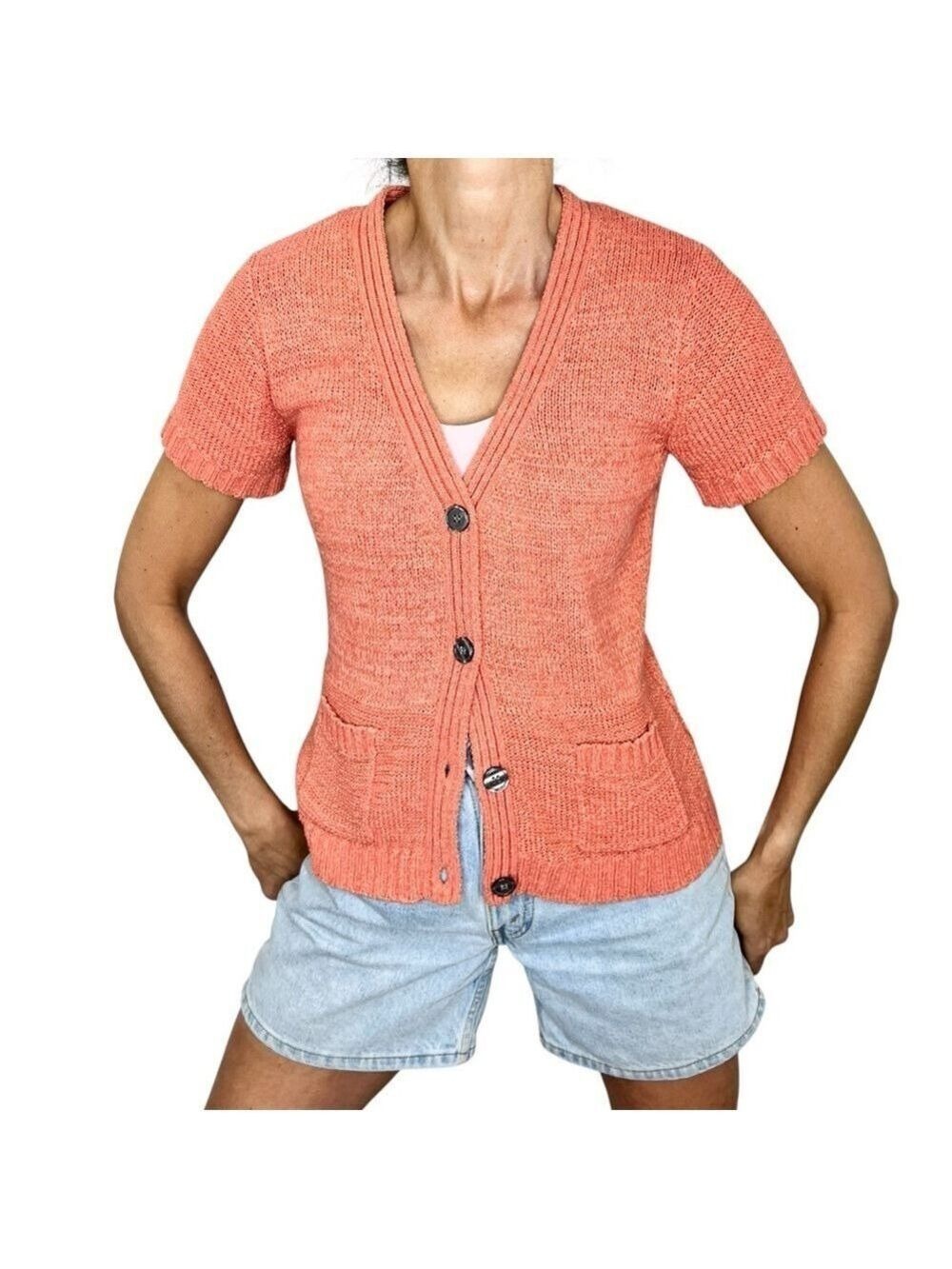 Evan Picone deep coral salmon short sleeve button front cardigan sweater S